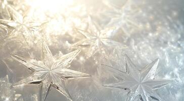 Magical winter background with ice stars and snowflakes, bokeh, fairy lights and sun ray. Natural hoar frost, Snowflakes close, Beautiful ice crystals photo