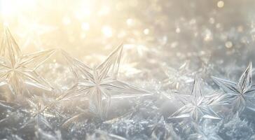 Magical winter background with ice stars and snowflakes, bokeh, fairy lights and sun ray. Natural hoar frost, Snowflakes close, Beautiful ice crystals photo