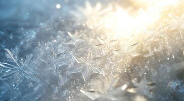 Magical winter background with ice stars and snowflakes, bokeh, fairy lights and sun ray. Natural hoar frost, Snowflakes close, Beautiful ice crystals photo