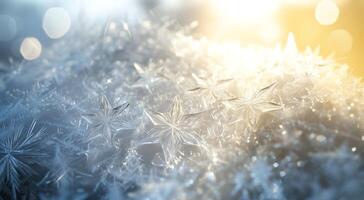 Magical winter background with ice stars and snowflakes, bokeh, fairy lights and sun ray. Natural hoar frost, Snowflakes close, Beautiful ice crystals photo