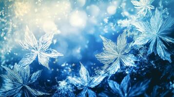 Beautiful realistic frozen petals and flowers on deep blue background, winter background with ice, frost and snowflakes, bokeh and snowfall photo