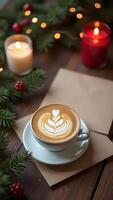 Cup of coffee with candles and Christmas decorations on a wooden table photo