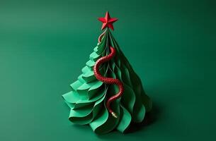 Abstract Christmas tree made of green paper with a red snake, symbolizing 2025 photo