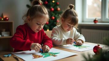 Children making paper Christmas trees at a table in cozy holiday setting photo