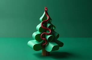 Abstract Christmas tree made of green paper with a red snake, symbolizing 2025 photo