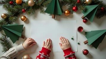 Christmas crafting with paper trees and ornaments on a white background photo