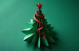 Abstract Christmas tree made of green paper with a red snake, symbolizing 2025 photo