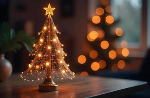 Miniature Christmas tree with delicate string lights and a star topper photo