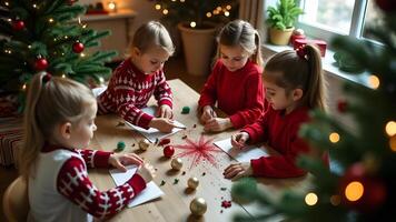 Children making paper Christmas trees at a table in cozy holiday setting photo