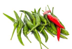 Organically grown green and red chilies for sale in an organic vegetable market with a spicy flavor suitable for Asian cuisine ingredients on a white background. photo