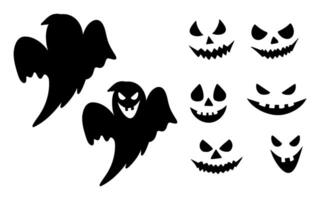 Halloween ghost silhouette illustrations set with different faces. Graphic monochrome drawing. Hand drawn outline sketch, engraved doodle illustration. For Halloween party invitation, decor, poster vector