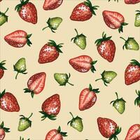 Seamless pattern with strawberries and green leaves isolated on white background, hand drawn watercolor illustration. Ideal for background, fabric and textile, postcard, packaging. vector