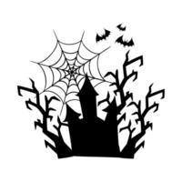 Halloween silhouette illustration with haunted house, spooky trees and spider web. Abandoned mansion graphic monochrome drawing. Hand drawn outline sketch. For Halloween party invitation, decoration. vector