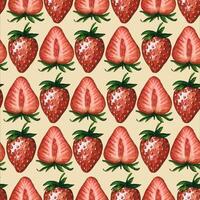 Seamless pattern with fresh and juicy strawberries and strawberry halves isolated on white background, hand drawn watercolor illustration. For background, fabric and textile, postcard, packaging. vector