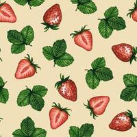 Seamless pattern with fresh strawberries and green leaves isolated on white background, hand drawn watercolor illustration. Ideal for background, fabric and textile, postcard, packaging. vector