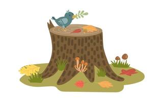 A charming bird perched on a tree stump surrounded by mushrooms and autumn leaves. Perfect for nature, woodland, or fall-themed illustrations vector