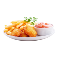A plate with fries and chicken nuggets png