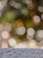 blurred background with soft, circular bokeh lights and a textured foreground. Perfect for serene designs. photo