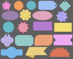 A colorful collection of badges and logo shapes in a variety of styles and colors, including circles, stars, squares, and ribbons. Each shape is filled with pastel colors. vector