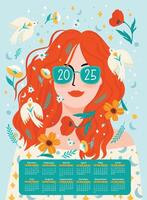 2025 calendar with portrait of girl with birds and flowers. Artistic illustration in. design template vector