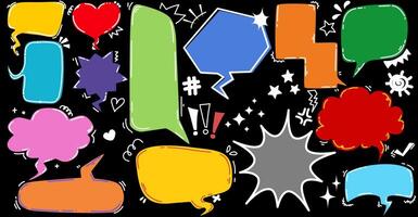 Various colorful speech bubbles and cartoon style text boxes. Each bubble has a different shape and size. The background is black. with playful icons scattered around. vector