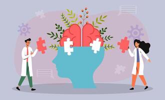 Doctors collaborating to solve mental health puzzles with a creative brain illustration in an office vector