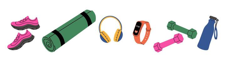 Gym essentials for a successful workout routine at home with fitness gear and accessories vector