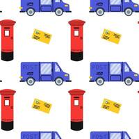 Colorful mail delivery scene with post office van and red mailboxes in a whimsical pattern vector