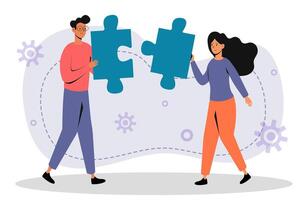 Two individuals collaborating to solve a puzzle together in a creative workspace environment vector