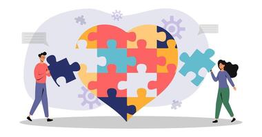 Two people assembling a colorful heart-shaped puzzle in a creative workspace vector