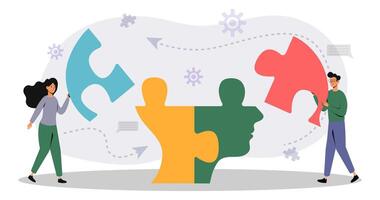 People working together to connect colorful puzzle pieces in a collaborative effort vector