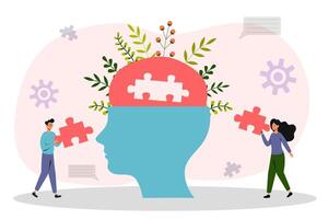 Illustration of a person engaging in mental health activities with puzzle pieces and greenery vector