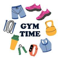 Brightly colored gym equipment and apparel arranged in a circular design with playful Gym Time text vector