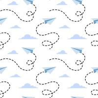 Colorful paper airplanes flying playfully among fluffy clouds on a soft white background vector