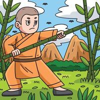 Buddhism Shaolin Monk Bamboo Stick Colored Page vector