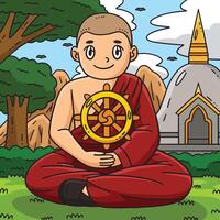 Buddhism Buddhist Monk and a Dharmachakra Colored vector