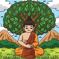 Buddhism Buddha Under a Bodhi Tree Colored Cartoon vector