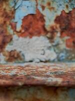 Detailed macro photo of a rusty metal surface with exposed rust and peeling paint. Ideal for industrial design, vintage aesthetics