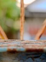 Detailed macro photo of a rusty metal surface with exposed rust and peeling paint. Ideal for industrial design, vintage aesthetics