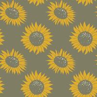 Seamless pattern with cute sunflower. Hand drawn natural autumn elements on dark background. Simple boho fall illustration. Linocut style wallpaper art. vector