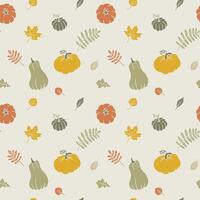 Fall seamless pattern with pumpkins and leaves. Cute autumn elements. Hand drawn illustration and boho Thanksgiving background. Linocut style wallpaper art. vector