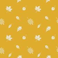 Cute yellow seamless pattern with fall leaves. Colorful hand drawn illustration and boho background. Wallpaper art with cute autumn elements. vector