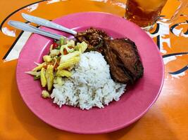 Traditional Indonesian Warteg Food Served with Orek Tempe, Labu, and Gulai Sauce photo
