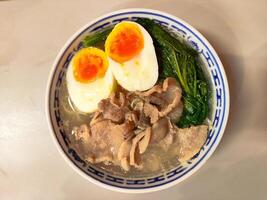 Comforting Bowl of Misua Soup with Meat and Vegetables for a Nutritious Meal photo