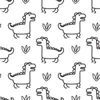 Outline doodle jurassic pattern with cute dino. Seamless print with dinosaurs for baby textile and fabric vector