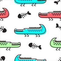 Smooth cartoon crocodile and fishbone pattern. Cute green childish crocodile character texture. illustration vector