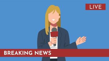 Female reporter, journalist is working with a news microphone in hand. Live and breaking news text. Isolated on a blue background. Flat illustration. vector