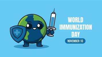 World Immunization Day. November 10. Earth cute character holding shield and syringe. Isolated on blue background. For poster, banner, design purpose. vector
