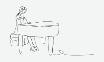 Single continuous line drawing of female pianist playing piano. Editable line. Isolated on white background. Graphic illustration. vector