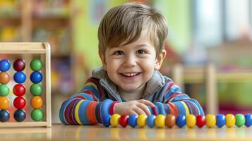 Cute little boy playing with colorful wooden toys in kindergarten. photo